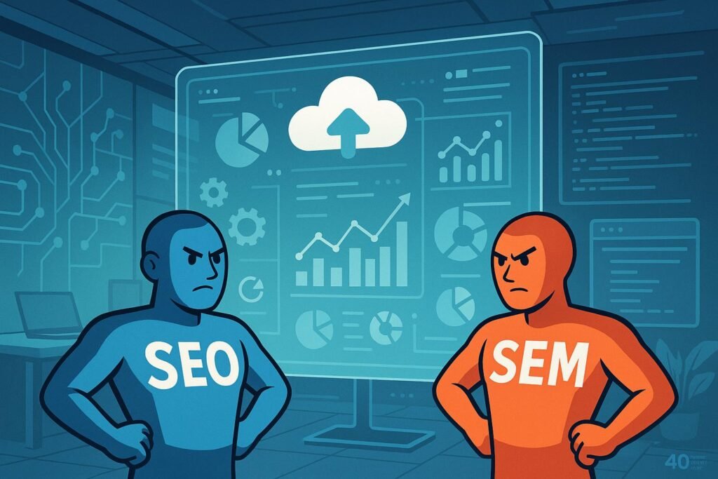 Modernes Büro mit transparentem Bildschirm, Cloud-Icons, Grafiken und Personifikationen für SEO und SEM vor digitalem Hintergrund, symbolisiert Effizienz und Innovation