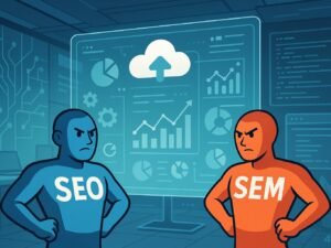 Modernes Büro mit transparentem Bildschirm, Cloud-Icons, Grafiken und Personifikationen für SEO und SEM vor digitalem Hintergrund, symbolisiert Effizienz und Innovation