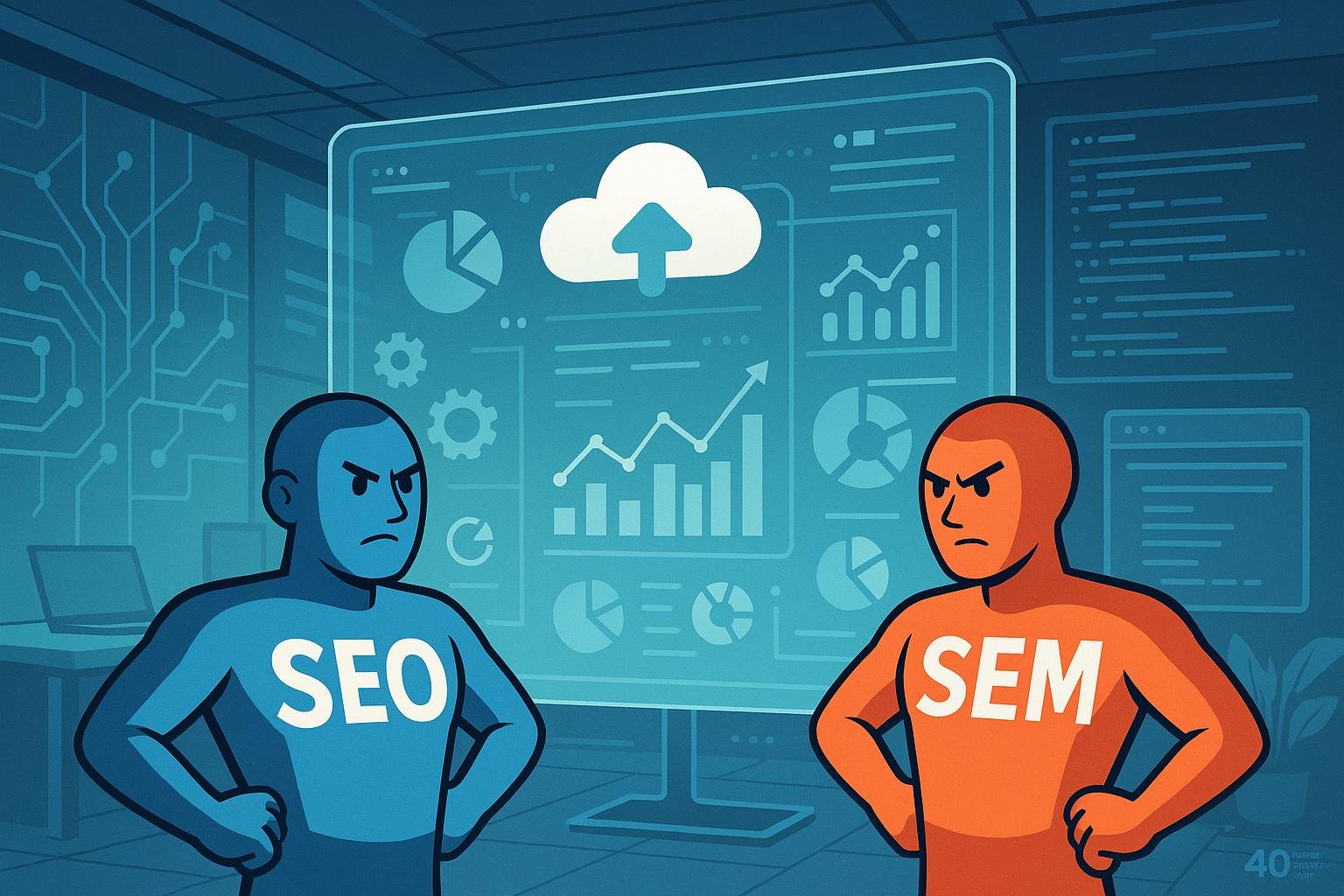 Modernes Büro mit transparentem Bildschirm, Cloud-Icons, Grafiken und Personifikationen für SEO und SEM vor digitalem Hintergrund, symbolisiert Effizienz und Innovation