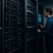Nahaufnahme eines modernen Serverraums mit dunklen Serverracks, blinkenden LED-Leuchten und einem Techniker, der die Systeme auf einem digitalem Kontrollpanel überwacht.