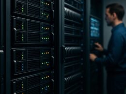 Nahaufnahme eines modernen Serverraums mit dunklen Serverracks, blinkenden LED-Leuchten und einem Techniker, der die Systeme auf einem digitalem Kontrollpanel überwacht.