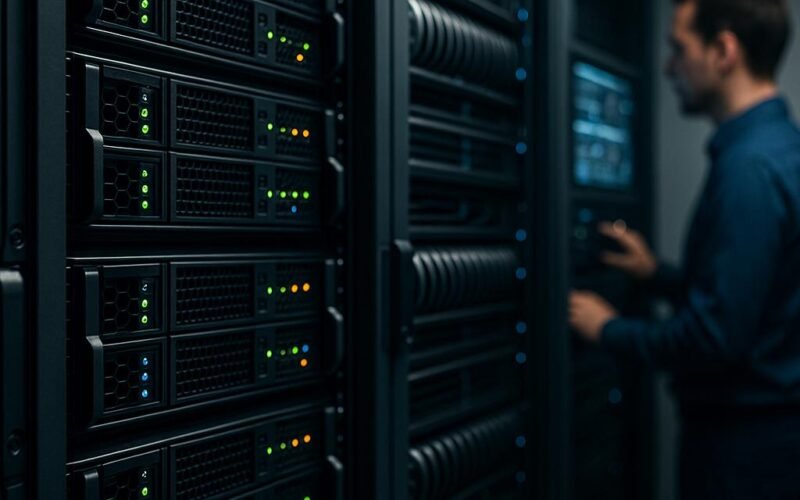 Nahaufnahme eines modernen Serverraums mit dunklen Serverracks, blinkenden LED-Leuchten und einem Techniker, der die Systeme auf einem digitalem Kontrollpanel überwacht.