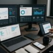 Moderner Arbeitsplatz mit mehreren Monitoren, die Analysen, Keyword-Recherche und technische Audits zeigen, im Hintergrund eine Person mit Tablet und Notizbüchern, Umfeld für SEO und Content-Analyse, Credit: 404 Magazine (Tobias Hager)
