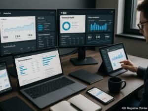 Moderner Arbeitsplatz mit mehreren Monitoren, die Analysen, Keyword-Recherche und technische Audits zeigen, im Hintergrund eine Person mit Tablet und Notizbüchern, Umfeld für SEO und Content-Analyse, Credit: 404 Magazine (Tobias Hager)