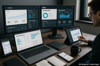 Moderner Arbeitsplatz mit mehreren Monitoren, die Analysen, Keyword-Recherche und technische Audits zeigen, im Hintergrund eine Person mit Tablet und Notizbüchern, Umfeld für SEO und Content-Analyse, Credit: 404 Magazine (Tobias Hager)