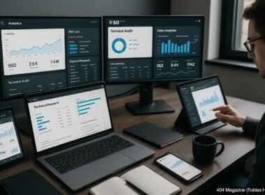 Moderner Arbeitsplatz mit mehreren Monitoren, die Analysen, Keyword-Recherche und technische Audits zeigen, im Hintergrund eine Person mit Tablet und Notizbüchern, Umfeld für SEO und Content-Analyse, Credit: 404 Magazine (Tobias Hager)