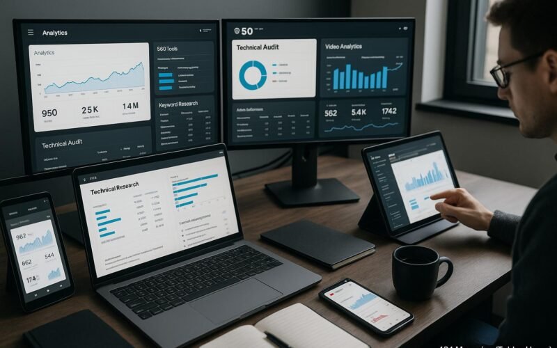 Moderner Arbeitsplatz mit mehreren Monitoren, die Analysen, Keyword-Recherche und technische Audits zeigen, im Hintergrund eine Person mit Tablet und Notizbüchern, Umfeld für SEO und Content-Analyse, Credit: 404 Magazine (Tobias Hager)