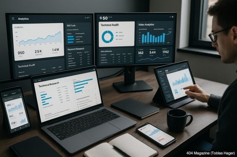 Moderner Arbeitsplatz mit mehreren Monitoren, die Analysen, Keyword-Recherche und technische Audits zeigen, im Hintergrund eine Person mit Tablet und Notizbüchern, Umfeld für SEO und Content-Analyse, Credit: 404 Magazine (Tobias Hager)