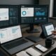 Moderner Arbeitsplatz mit mehreren Monitoren, die Analysen, Keyword-Recherche und technische Audits zeigen, im Hintergrund eine Person mit Tablet und Notizbüchern, Umfeld für SEO und Content-Analyse, Credit: 404 Magazine (Tobias Hager)