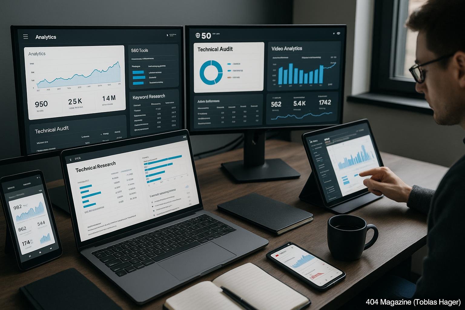 Moderner Arbeitsplatz mit mehreren Monitoren, die Analysen, Keyword-Recherche und technische Audits zeigen, im Hintergrund eine Person mit Tablet und Notizbüchern, Umfeld für SEO und Content-Analyse, Credit: 404 Magazine (Tobias Hager)