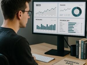 Person überprüft technische SEO-Daten auf einem großen Bildschirm in einem modernen Arbeitsraum mit Büchern und Notizen im Hintergrund