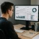 Person überprüft technische SEO-Daten auf einem großen Bildschirm in einem modernen Arbeitsraum mit Büchern und Notizen im Hintergrund