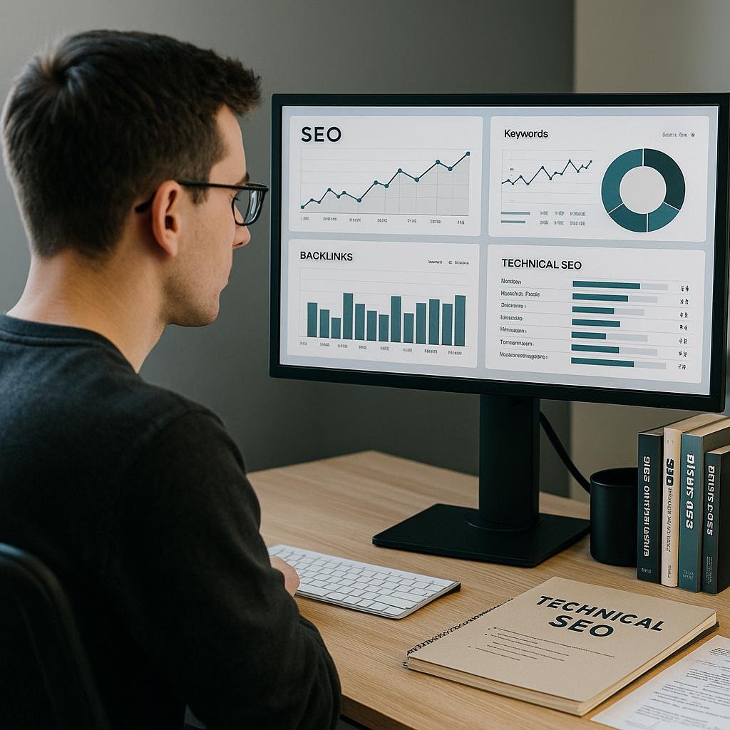 Person überprüft technische SEO-Daten auf einem großen Bildschirm in einem modernen Arbeitsraum mit Büchern und Notizen im Hintergrund