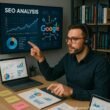 SEO-Experte mit Headset zeigt auf eine Visualisierung von Google-Algorithmen in einem modernen Büro mit Analyse-Tools und Fachliteratur