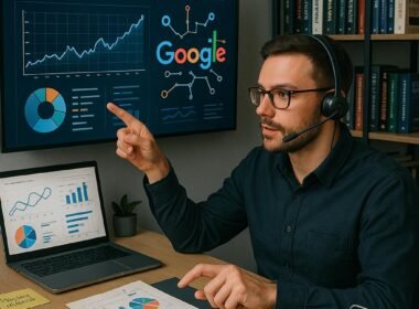 SEO-Experte mit Headset zeigt auf eine Visualisierung von Google-Algorithmen in einem modernen Büro mit Analyse-Tools und Fachliteratur