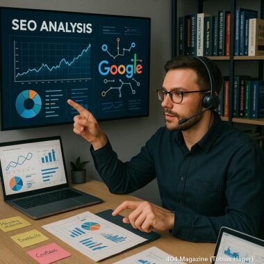 SEO-Experte mit Headset zeigt auf eine Visualisierung von Google-Algorithmen in einem modernen Büro mit Analyse-Tools und Fachliteratur