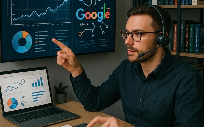 SEO-Experte mit Headset zeigt auf eine Visualisierung von Google-Algorithmen in einem modernen Büro mit Analyse-Tools und Fachliteratur