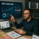 SEO-Experte mit Headset zeigt auf eine Visualisierung von Google-Algorithmen in einem modernen Büro mit Analyse-Tools und Fachliteratur