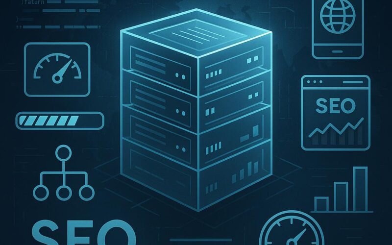 Transparente Server- und Dateninfrastruktur mit digitalen Elementen, Weltkarte und Symbolen für Geschwindigkeit und Mobilität