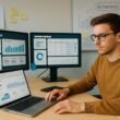 Junger SEO-Manager arbeitet konzentriert an seinem Arbeitsplatz mit Monitoren, Notizen und Whiteboard im Hintergrund