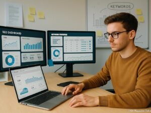 Junger SEO-Manager arbeitet konzentriert an seinem Arbeitsplatz mit Monitoren, Notizen und Whiteboard im Hintergrund