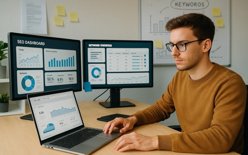 Junger SEO-Manager arbeitet konzentriert an seinem Arbeitsplatz mit Monitoren, Notizen und Whiteboard im Hintergrund