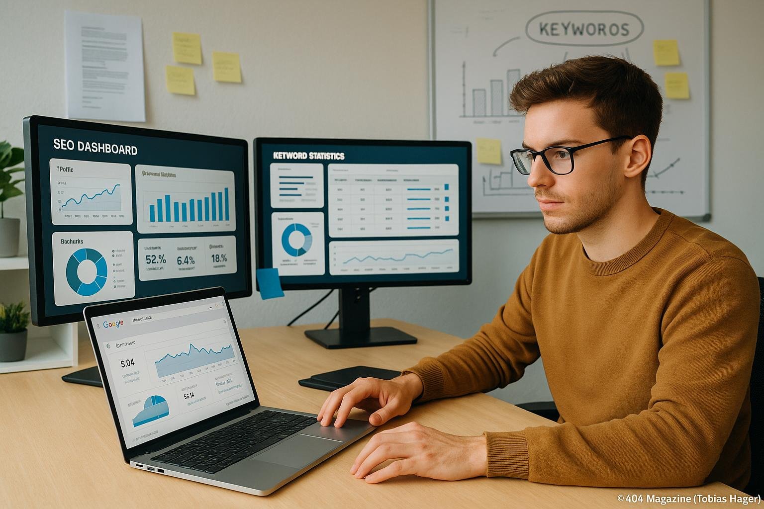 Junger SEO-Manager arbeitet konzentriert an seinem Arbeitsplatz mit Monitoren, Notizen und Whiteboard im Hintergrund
