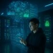 Futuristischer Serverraum mit Entwickler in Hoodie, holographischen Netzwerkvisualisierungen und leuchtenden SSL-Symbolen