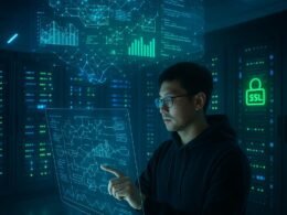 Futuristischer Serverraum mit Entwickler in Hoodie, holographischen Netzwerkvisualisierungen und leuchtenden SSL-Symbolen