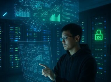Futuristischer Serverraum mit Entwickler in Hoodie, holographischen Netzwerkvisualisierungen und leuchtenden SSL-Symbolen