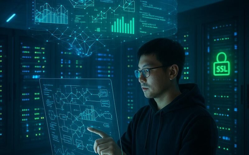 Futuristischer Serverraum mit Entwickler in Hoodie, holographischen Netzwerkvisualisierungen und leuchtenden SSL-Symbolen