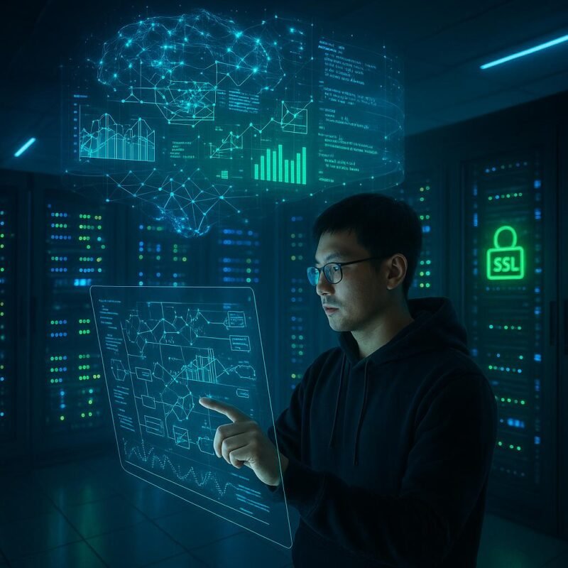 Futuristischer Serverraum mit Entwickler in Hoodie, holographischen Netzwerkvisualisierungen und leuchtenden SSL-Symbolen
