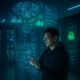 Futuristischer Serverraum mit Entwickler in Hoodie, holographischen Netzwerkvisualisierungen und leuchtenden SSL-Symbolen