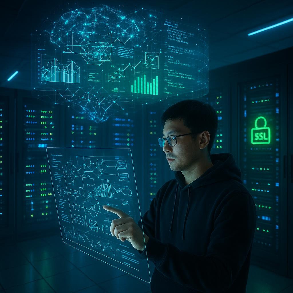 Futuristischer Serverraum mit Entwickler in Hoodie, holographischen Netzwerkvisualisierungen und leuchtenden SSL-Symbolen