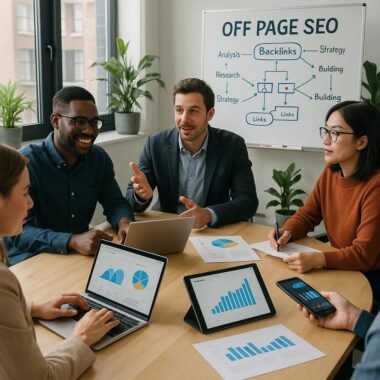 Dynamischer Arbeitsplatz im modernen Büro mit digitalen Marketingexperten, Laptops, Whiteboard und Pflanzen, Fokus auf Off Page SEO, Credit: 404 Magazine (Tobias Hager)