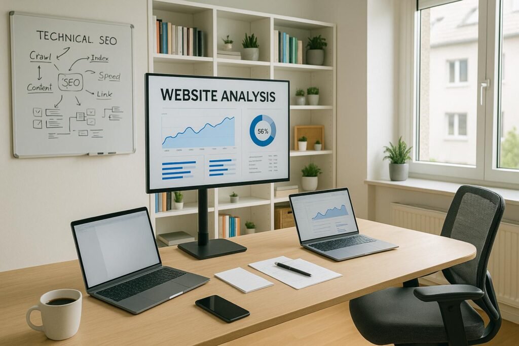 Modernes Arbeitszimmer mit Schreibtisch, Laptops, großem Monitor, Whiteboard und Pflanzen, beschriftet von Tobias Hager für 404 Magazine