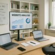 Modernes Arbeitszimmer mit Schreibtisch, Laptops, großem Monitor, Whiteboard und Pflanzen, beschriftet von Tobias Hager für 404 Magazine