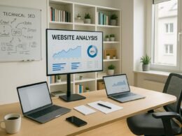 Modernes Arbeitszimmer mit Schreibtisch, Laptops, großem Monitor, Whiteboard und Pflanzen, beschriftet von Tobias Hager für 404 Magazine