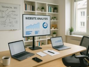 Modernes Arbeitszimmer mit Schreibtisch, Laptops, großem Monitor, Whiteboard und Pflanzen, beschriftet von Tobias Hager für 404 Magazine