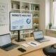 Modernes Arbeitszimmer mit Schreibtisch, Laptops, großem Monitor, Whiteboard und Pflanzen, beschriftet von Tobias Hager für 404 Magazine