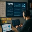 Modernes Büro mit Digitalmarkt, der SEO-Daten und Analysen auf Laptop und Bildschirm überprüft, umgeben von Whiteboards und Fachbüchern