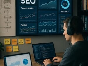 Modernes Büro mit Digitalmarkt, der SEO-Daten und Analysen auf Laptop und Bildschirm überprüft, umgeben von Whiteboards und Fachbüchern
