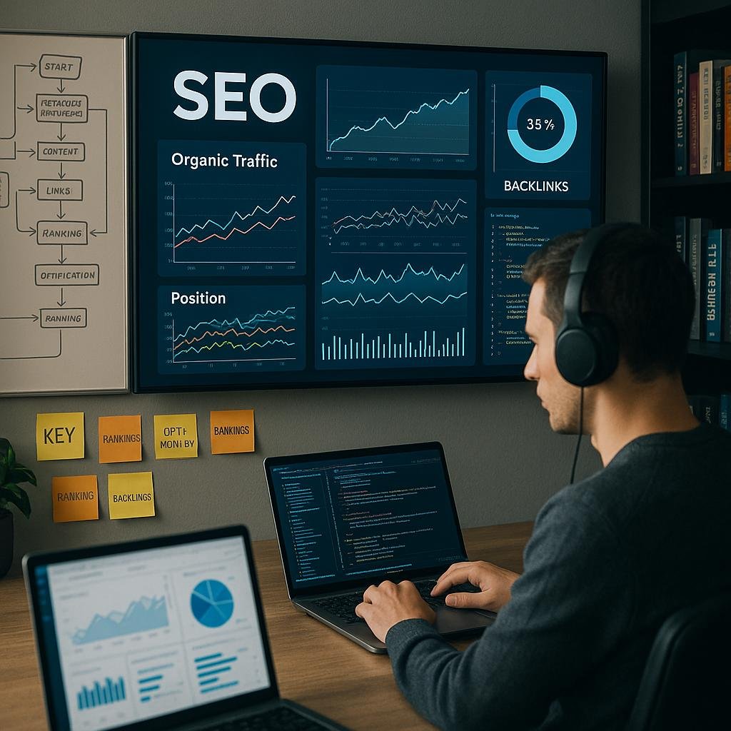 Modernes Büro mit Digitalmarkt, der SEO-Daten und Analysen auf Laptop und Bildschirm überprüft, umgeben von Whiteboards und Fachbüchern