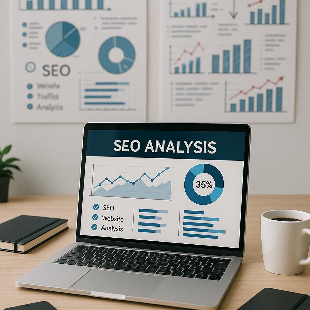 Moderner Büroarbeitsplatz mit Laptop, Notizbüchern, Smartphone und Whiteboards mit SEO-Diagrammen, Szene strahlt Produktivität aus