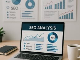 Moderner Büroarbeitsplatz mit Laptop, Notizbüchern, Smartphone und Whiteboards mit SEO-Diagrammen, Szene strahlt Produktivität aus