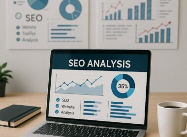 Moderner Büroarbeitsplatz mit Laptop, Notizbüchern, Smartphone und Whiteboards mit SEO-Diagrammen, Szene strahlt Produktivität aus