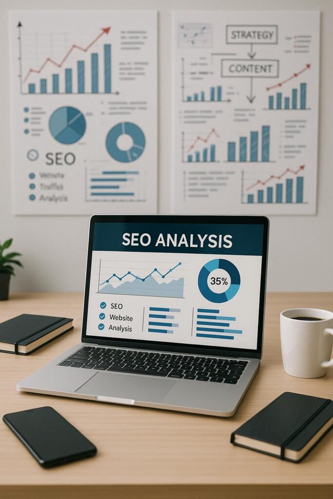 Moderner Büroarbeitsplatz mit Laptop, Notizbüchern, Smartphone und Whiteboards mit SEO-Diagrammen, Szene strahlt Produktivität aus