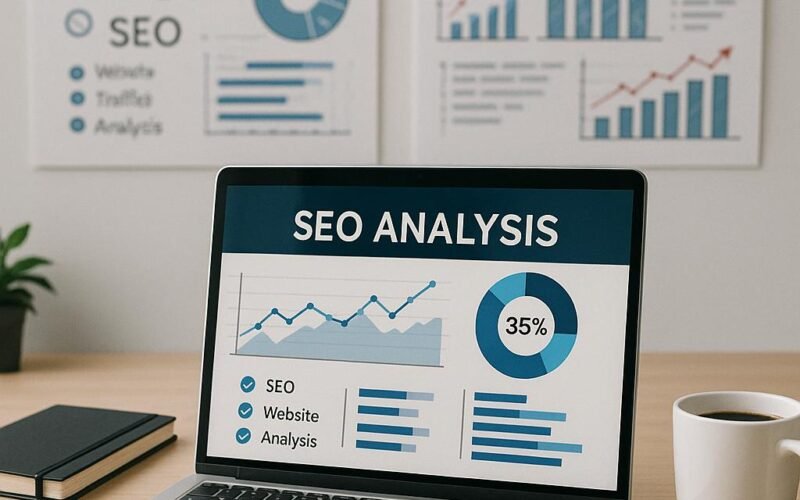 Moderner Büroarbeitsplatz mit Laptop, Notizbüchern, Smartphone und Whiteboards mit SEO-Diagrammen, Szene strahlt Produktivität aus