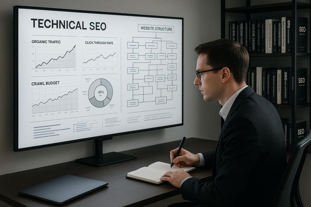 Person in Business-Kleidung analysiert SEO-Diagramme auf digitalem Whiteboard im modernen Büro, im Hintergrund Fachbücher zu Webentwicklung und SEO sichtbar