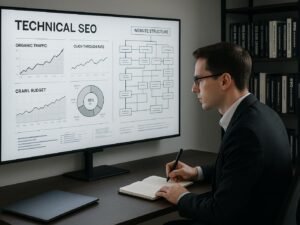 Person in Business-Kleidung analysiert SEO-Diagramme auf digitalem Whiteboard im modernen Büro, im Hintergrund Fachbücher zu Webentwicklung und SEO sichtbar